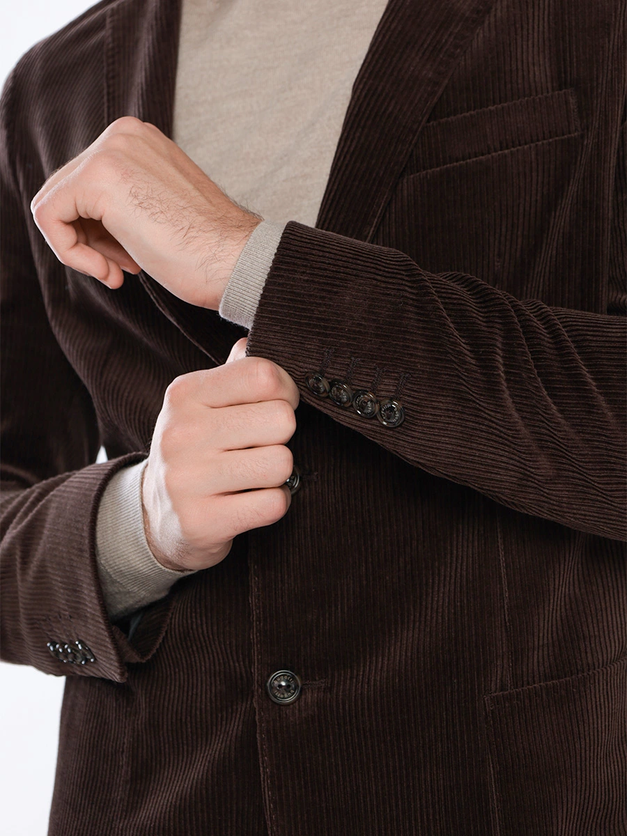 Пиджак однобортный кордовый приталенного кроя коричневого цвета